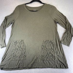 LOGO Lori Goldstein Womens 1X Khaki Green Lace Pockets Shirt Long Sleeves